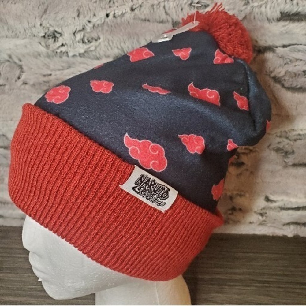 Naruto Shippuden Youth Fleece Cuffed Over Sized Pom Beanie (Black/Red, OSFM)‎